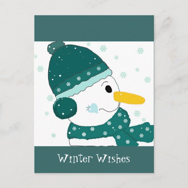 Cartão Postal Boneco de Neve com Chapéu Verde Turquesa e Cacheco (Frente)