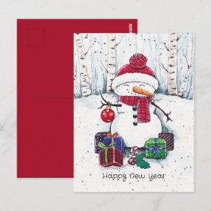 Cartão Postal Boneco de Neve Com Presentes Em Postcard de Aquare
