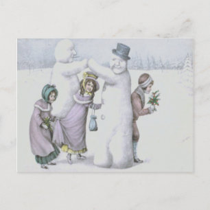 Cartão Postal Boneco de Neve Crianças Brincando Campo de Neve