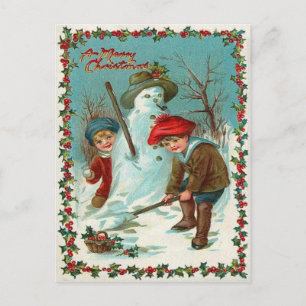 Cartão Postal Boneco de Neve Crianças Neve Azevinho