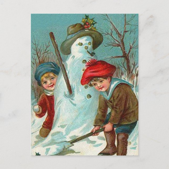 Cartão Postal Boneco de Neve Crianças Neve Azevinho (Frente)
