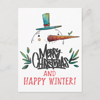 Cartão Postal Boneco de Neve Desenhado à Mão Artístico Feliz Nat