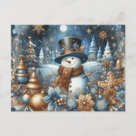 Cartão Postal Boneco de neve feliz em azul e dourado design capr