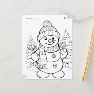 Cartão Postal Boneco de Neve Festivo para colorir infantil 