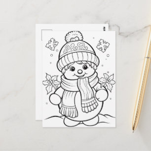Cartão Postal Boneco de neve festivo para colorir infantil 