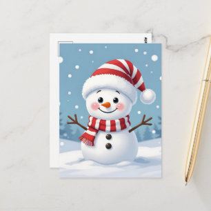 Cartão Postal Boneco de neve fofo com cachecol e chapéu