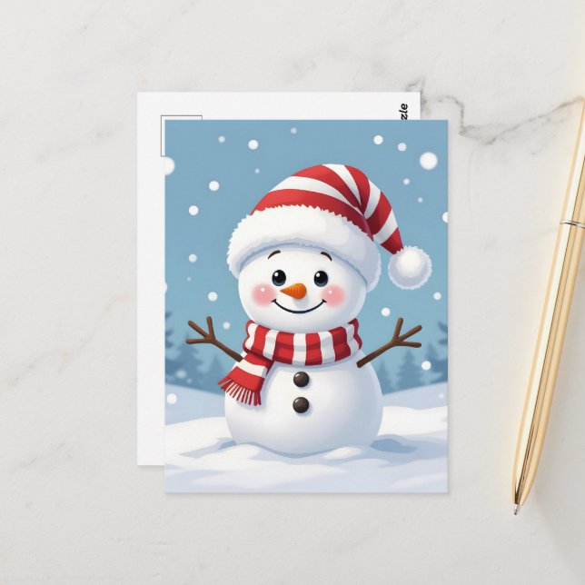 Cartão Postal Boneco de neve fofo com cachecol e chapéu (Frente/Verso In Situ)