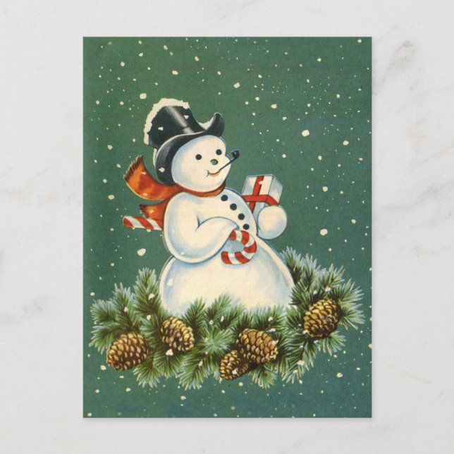 Cartão Postal Boneco de Neve Fofo com Presente em Coroa de Pinha (Frente)