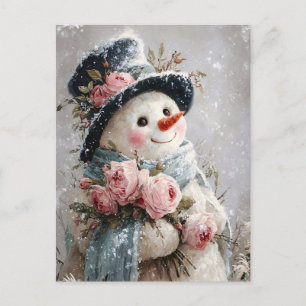 Cartão Postal Boneco de Neve Fofo com Rosas Rosas