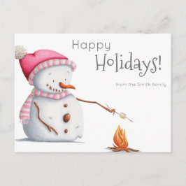 Cartão Postal Boneco de Neve Fofo Torrando Marshmallows Férias e