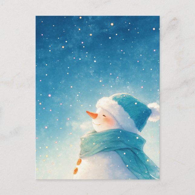 Cartão Postal Boneco de Neve Sorridente e Fantasioso Sob o Céu E (Frente)
