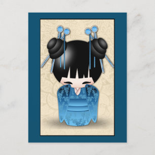 Cartão Postal Bonita Boneca Kokeshi Japonesa Vestida De Azul