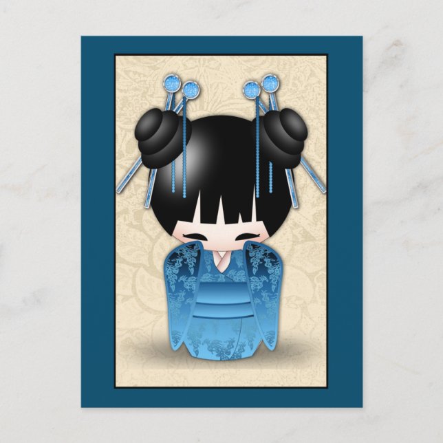 Cartão Postal Bonita Boneca Kokeshi Japonesa Vestida De Azul (Frente)