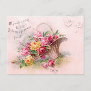 Cartão Postal Bonita Cesta de Rosa e Rosas Amarelas Vitoriana