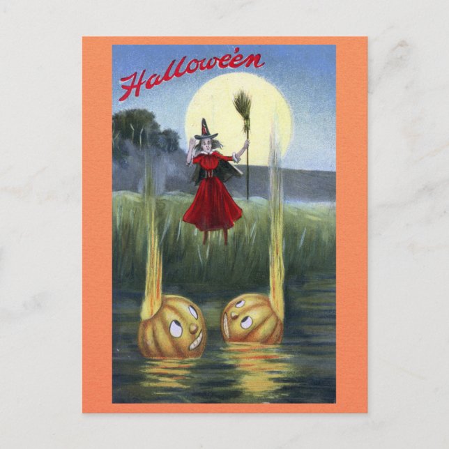 Cartão Postal Bonita Engraçada Vintage Halloween Bruxa Pumpkin (Frente)