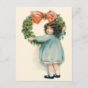 Cartão Postal Bonita Menina Bonita Holly Wreath Arco Rosa