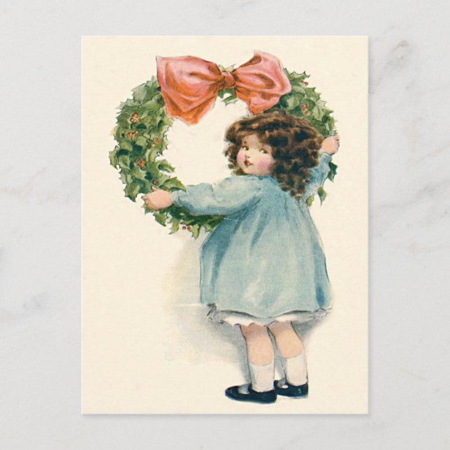 Cartão Postal Bonita Menina Bonita Holly Wreath Arco Rosa (Frente)