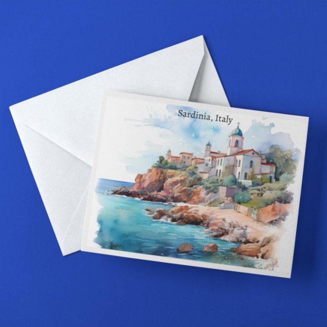 Cartão Postal Bonita Sardenha Itália Watercolor Viagem (Sardinia italy watercolor artwork postcard)