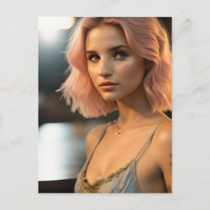 Cartão Postal Bonita Senhora Com Cabelo Rosa Pastel