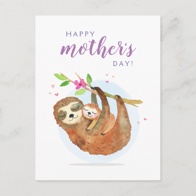 Cartão Postal Bonita Sloth Mãe Bebê Dia de as mães Feliz (Frente)