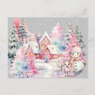 Cartão Postal Bonita Snowman Winter Wonderland Rosa