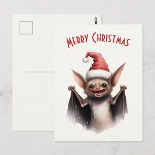 Cartão Postal Bonito Bat Santa Hat Red Poinsettia Natal