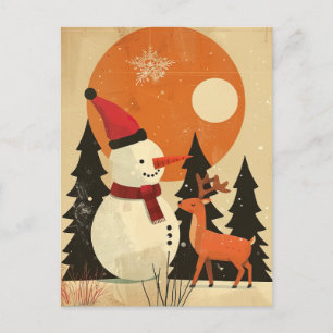 Cartão Postal Bonito boneco de neve com Reindeer Retro Meio sécu