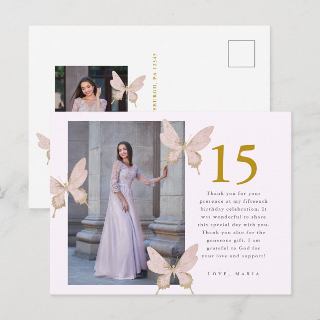 Cartão Postal Bonito Borboletas Duas Fotografias Quinceanera Obr (Frente/Verso)