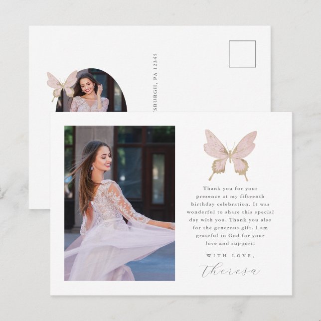 Cartão Postal Bonito Butterfly Blush Photo Quinceanera Obrigado (Frente/Verso)
