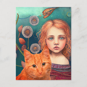 CARTÃO POSTAL bonito DE MENINA E GINGER CAT