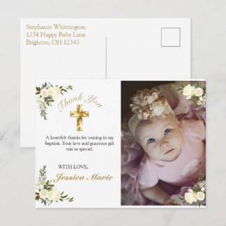 Cartão Postal Bonito Floral Dourada Cruz Baptism Foto Obrigado