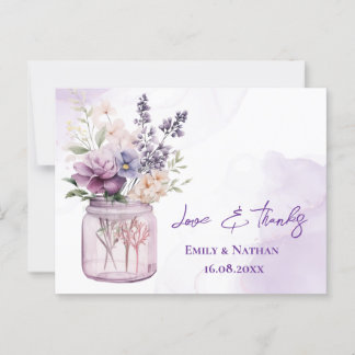 Cartão Postal Bonito Flores Roxas Mason Jar Weding Obrigado