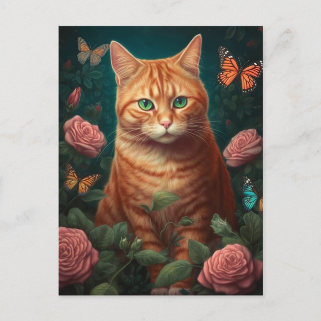 Cartão Postal Bonito Ginger Cat com Cartaz Rosa (Frente)