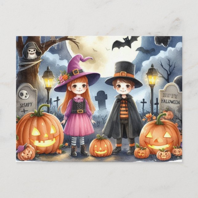 Cartão Postal Bonito Halloween Kids Watercolor (Frente)