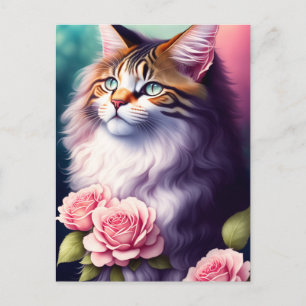 Cartão Postal Bonito Maine Coon & Flowers