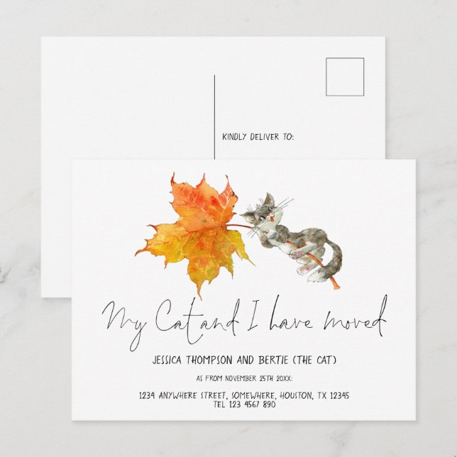 Cartão Postal Bonito Meu Gato Eu Mudei Script Autumn New Home (Frente/Verso)