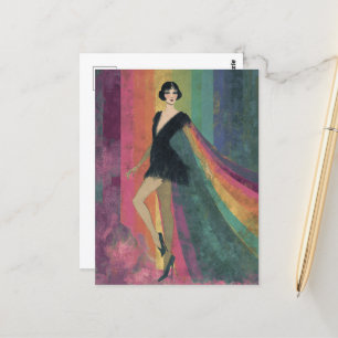 Cartão Postal Bonito Mulher Flapper em um Cabo Arco-íris