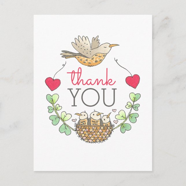 Cartão Postal Bonito Ninho De Pássaro Obrigado (Frente)