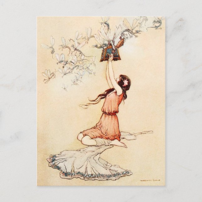 Cartão Postal Bonito Pandora abrindo sua caixa (Frente)