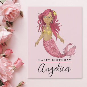Cartão Postal Bonito Sereia Rosa Feliz Aniversário Nome Personal