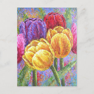 Cartão Postal Bonito Tulipas Florais Coloridas Flores Pintadas