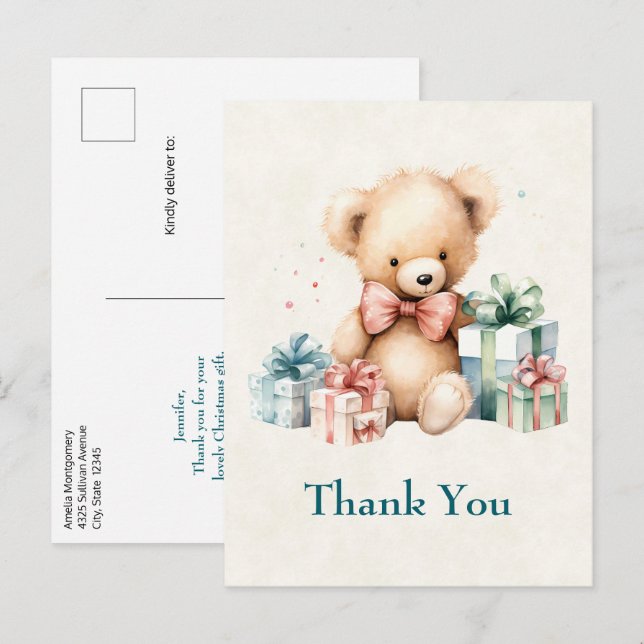 Cartão Postal Bonito Urso de Teddy com Presentes de Natal Obriga (Frente/Verso)