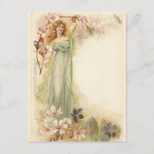 Cartão Postal Bonito Vintage Girl in Blossoms