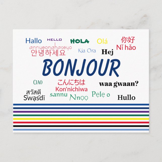 Cartão Postal Bonjour Hello Multiple Languages Stripes (Frente)