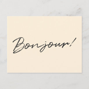 Cartão Postal Bonjour!   Modern Script Cream Ivory French Hello