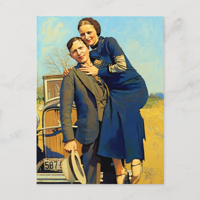 Cartão Postal Bonnie Parker Clyde Barrow 1933 Faux Painting (Frente)