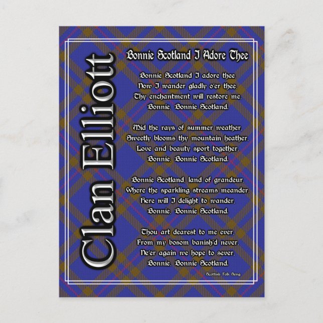 Cartão Postal Bonnie Scotland I Adore The Clan Elliott Tartan (Frente)