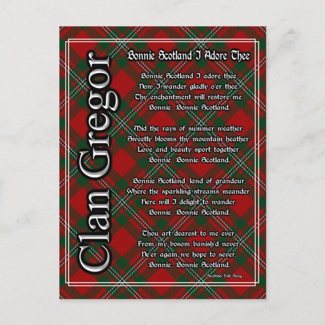 Cartão Postal Bonnie Scotland I Adore The Clan Gregor Tartan (Frente)