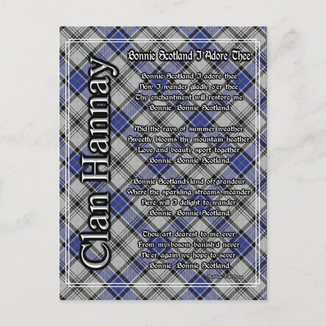 Cartão Postal Bonnie Scotland I Adore The Clan Hannay Tartan (Frente)