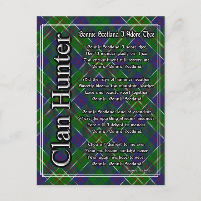 Cartão Postal Bonnie Scotland I Adore The Clan Hunter Tartan (Frente)